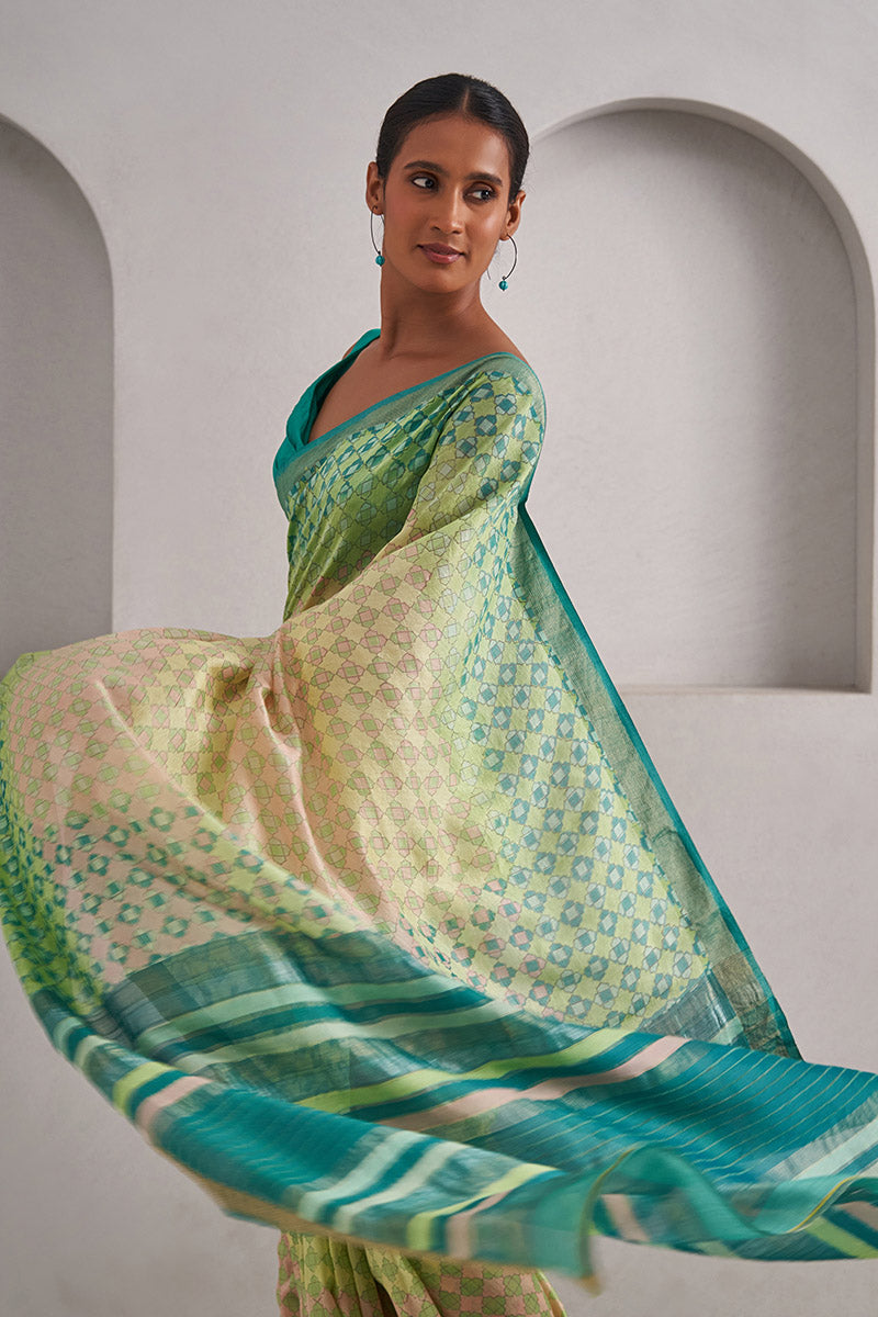 Saira Handloom Maheshwari Cotton Silk Hand Blockprinted Saree