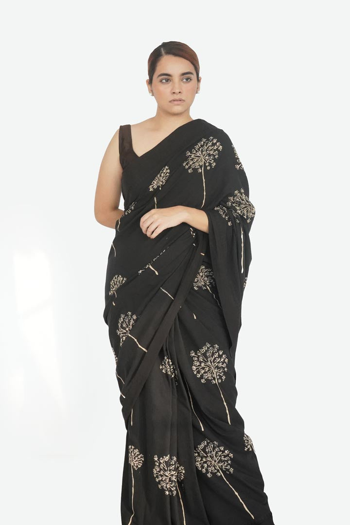 Dandellion black handloom malkha cotton handblock printed sari
