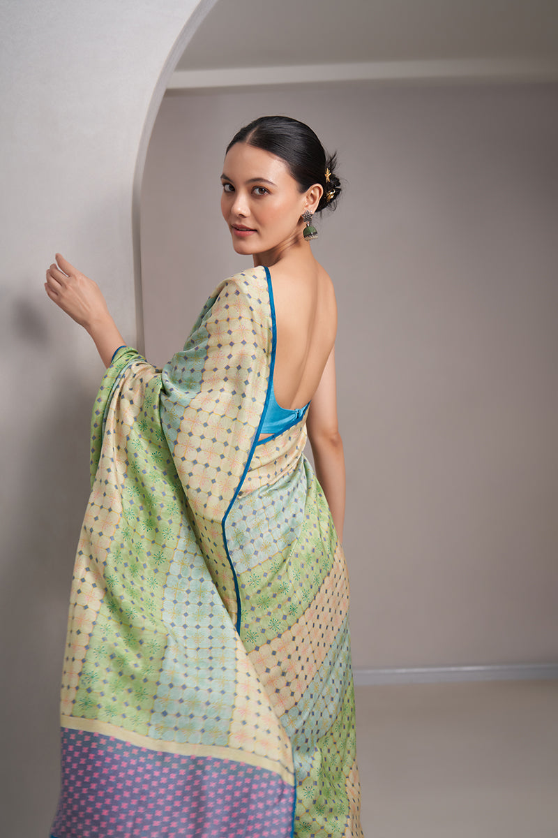 Saraswati Maheshwari Block Printed Flip Pallu Saree - Blue_Pink