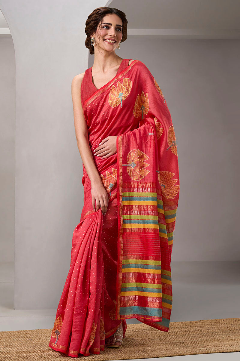 Manjari Handloom Maheshwari Silk Hand Blockprinted  saree