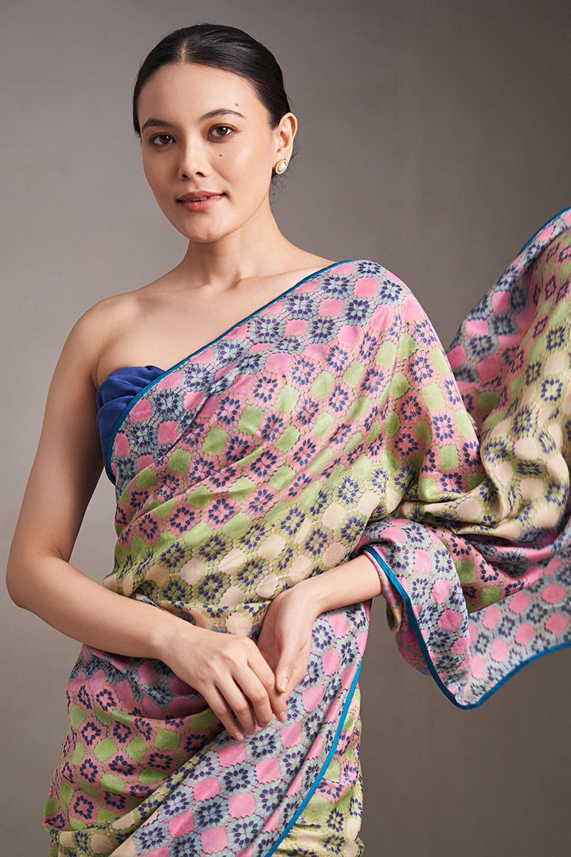 Bias Maheshwari Block Printed Flip Pallu Saree - Blue_Pink