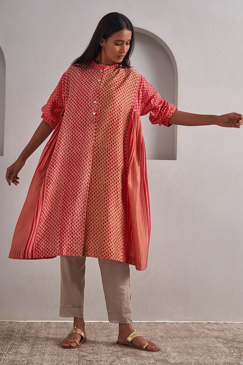 Ajmer One Size Chanderi Cotton-Silk Tunic Dress – Hand Block Printed with Contrast Panels & Slip