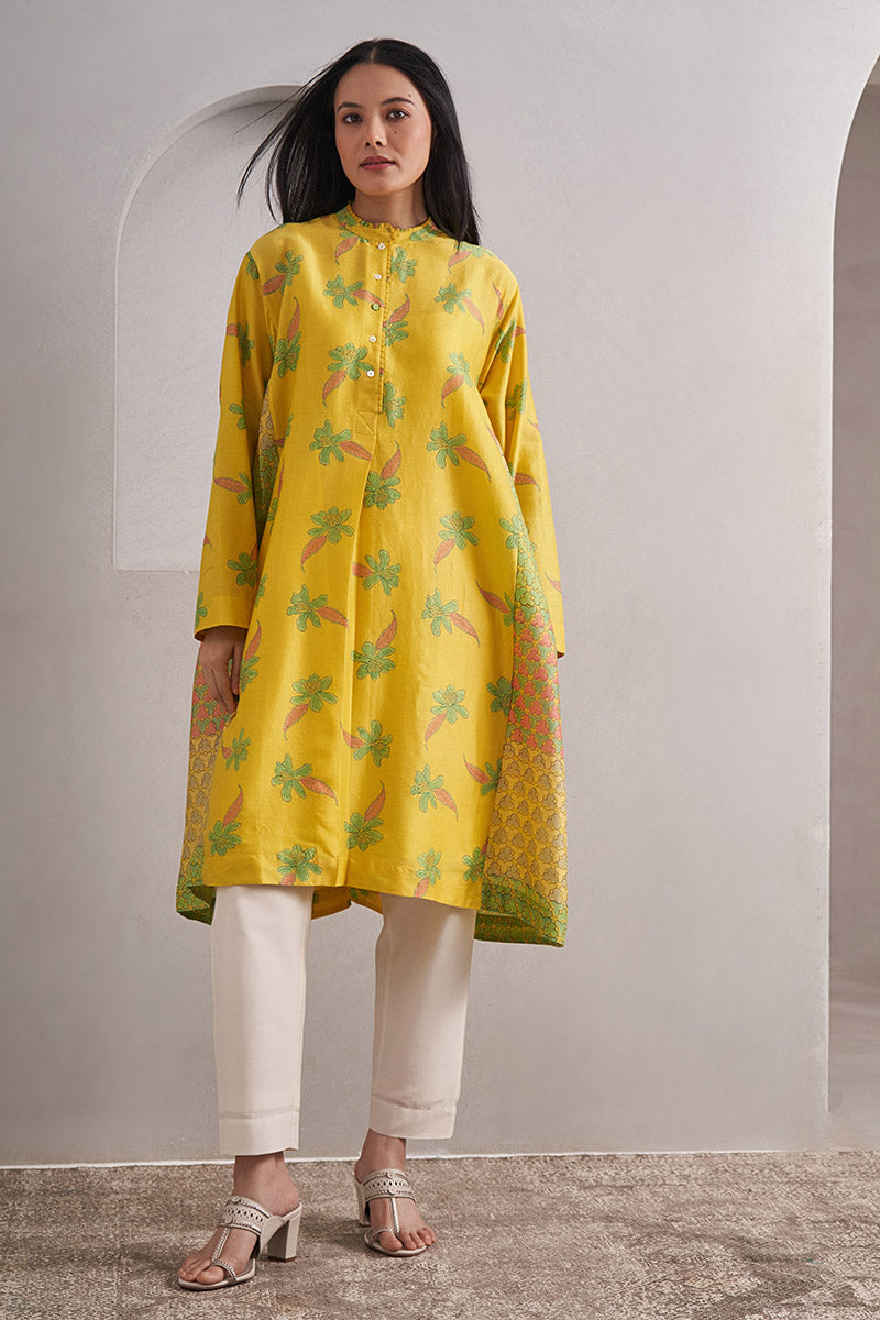 Phool One Size Chanderi Cotton-Silk Tunic Dress – Hand Block Printed with Contrast Panels & Slip