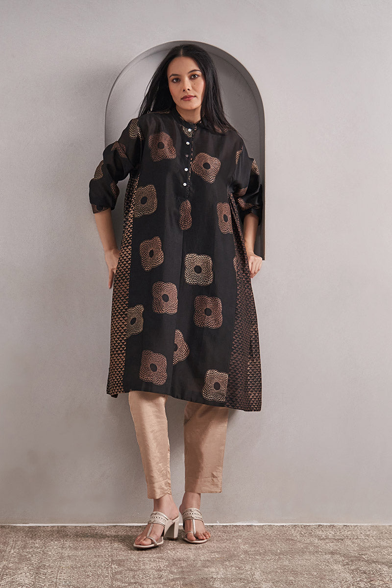 Trikona One Size Chanderi Cotton-Silk Tunic Dress – Hand Block Printed with Contrast Panels & Slip