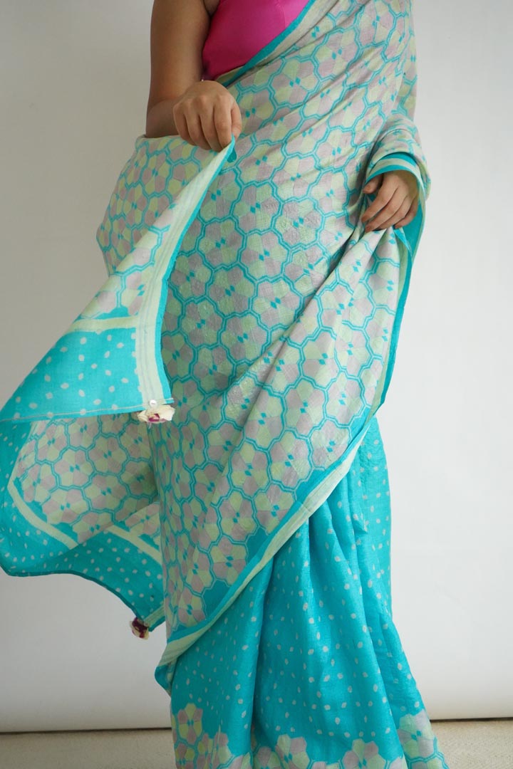 Leh Tussar Silk Hand Blockprinted Saree