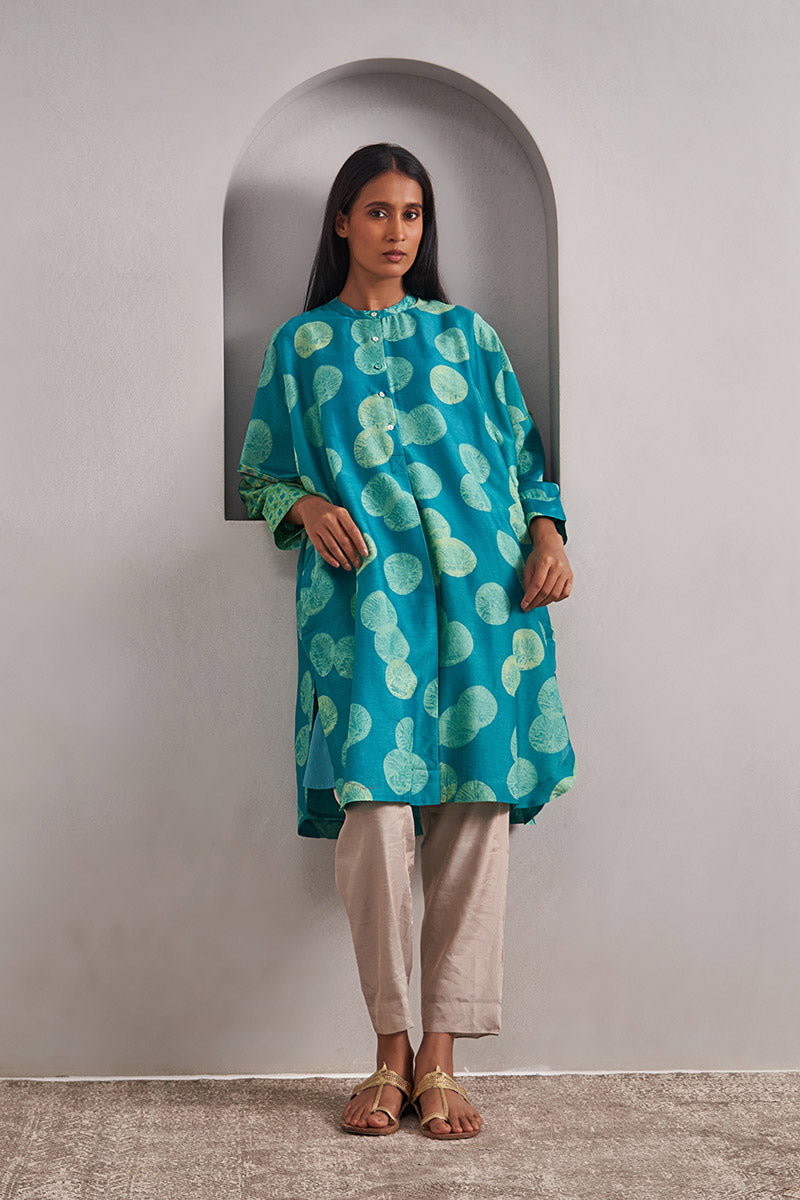 Dewar One Size Chanderi Cotton-Silk Tunic Dress – Hand Block Printed with Contrast Sleeve & Slip