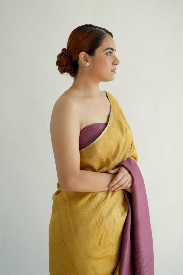 Yellow Pink Natural Dyes Handloom Tussar Signature Flip Pallu Saree