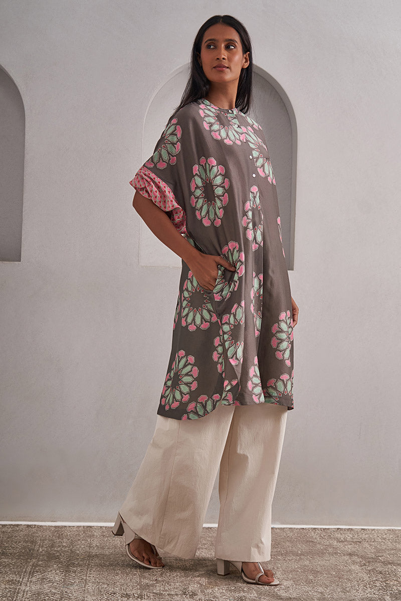 Pushkar One Size Chanderi Cotton-Silk Tunic Dress – Hand Block Printed with Contrast Sleeve & Slip