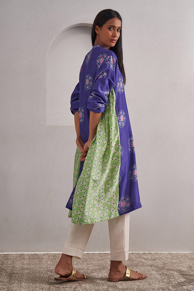 Jaipur Purple One Size Chanderi Cotton-Silk Tunic Dress – Hand Block Printed with Contrast Panels & Slip