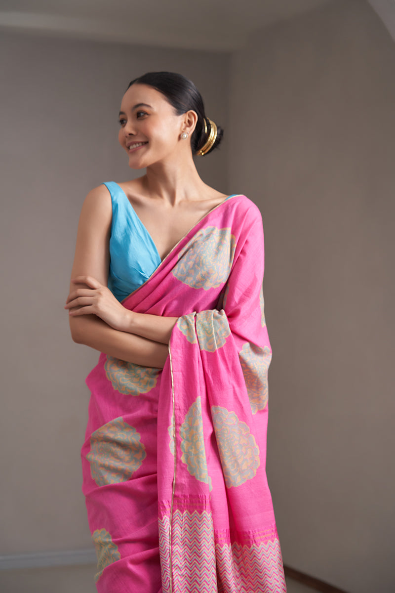 Madhubala Handloom Cotton Silk Hand Blockprinted Saree