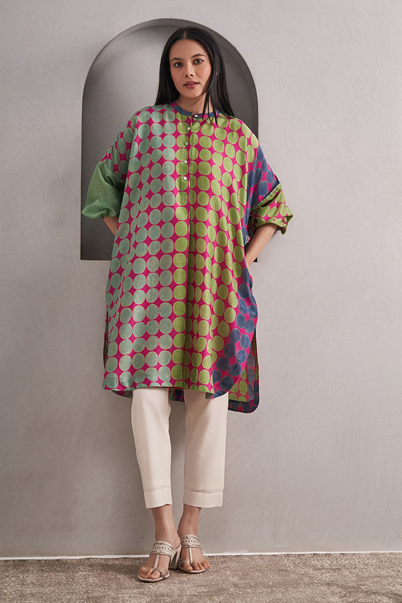 Amer One Size Chanderi Cotton-Silk Tunic Dress – Hand Block Printed with Contrast Sleeve & Slip