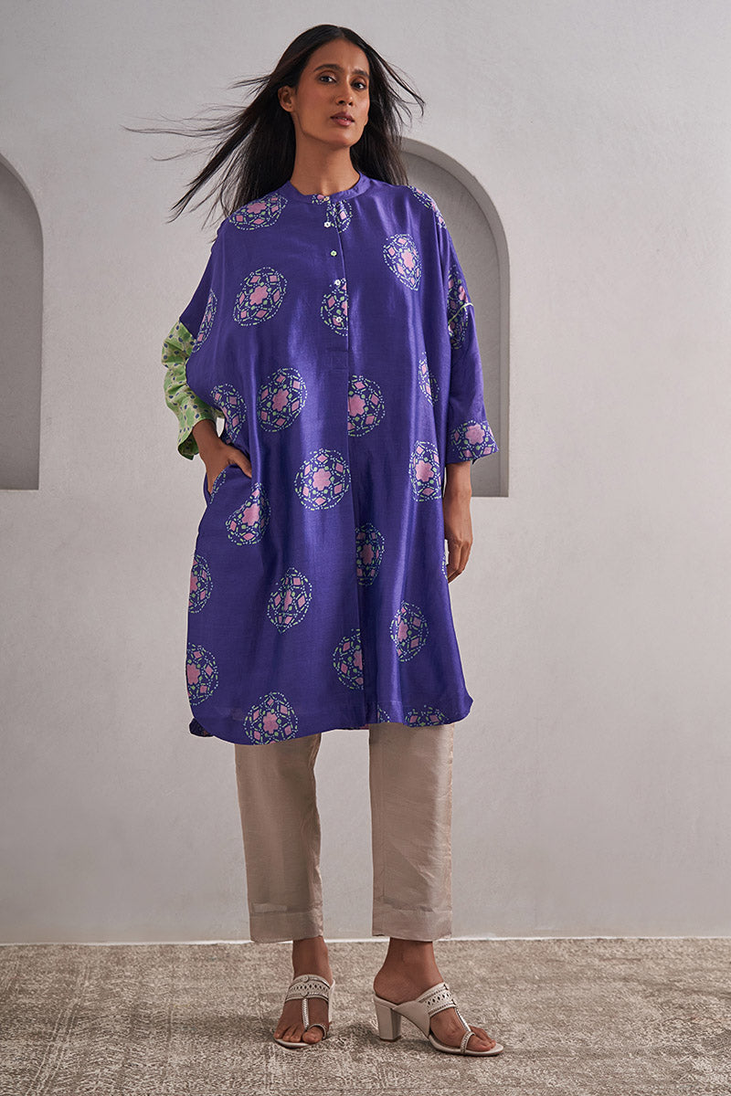 Jaipur Purple One Size Chanderi Cotton-Silk Tunic Dress – Hand Block Printed with Contrast Sleeve & Slip