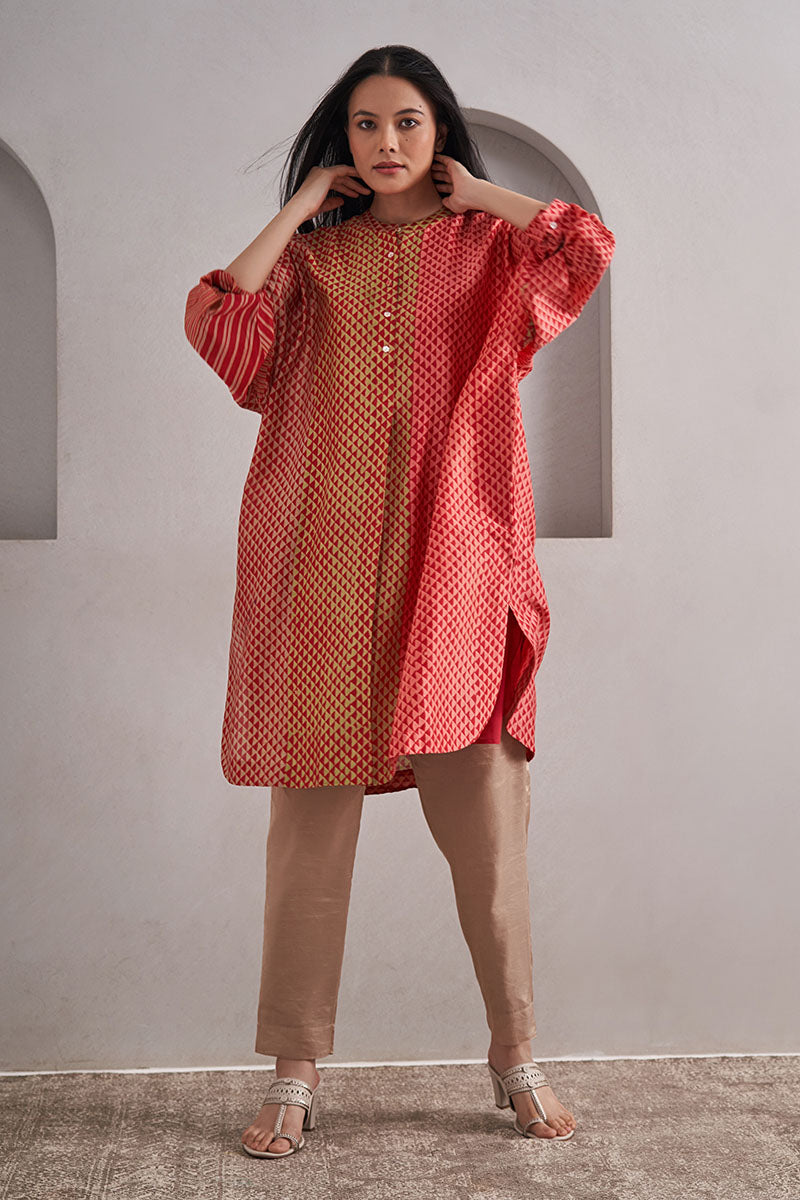 Ajmer One Size Chanderi Cotton-Silk Tunic Dress – Hand Block Printed with Contrast Sleeve & Slip