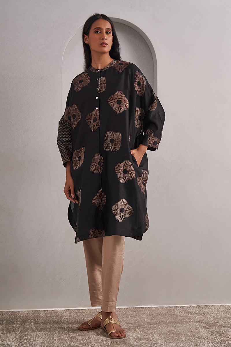Trikona One Size Chanderi Cotton-Silk Tunic Dress – Hand Block Printed with Contrast Sleeve & Slip