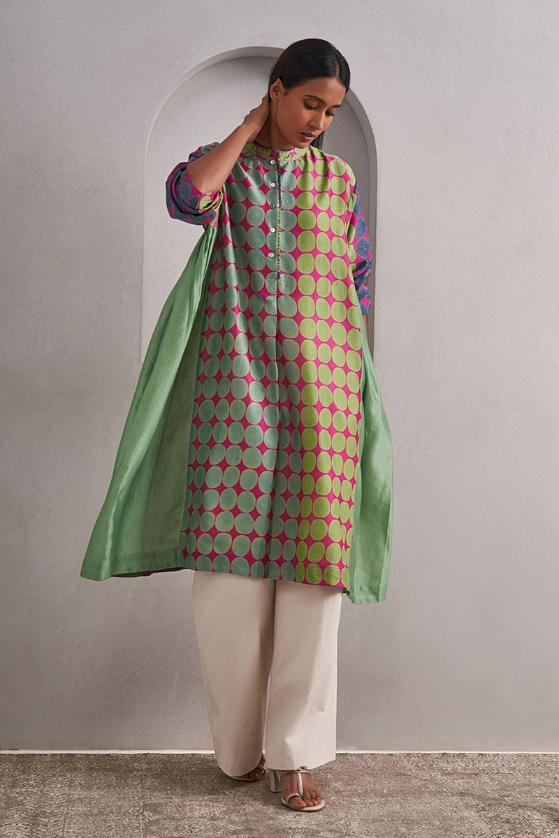 Amer One Size Chanderi Cotton-Silk Tunic Dress – Hand Block Printed with Contrast Panels & Slip