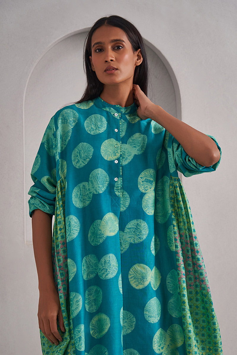 Dewar One Size Chanderi Cotton-Silk Tunic Dress – Hand Block Printed with Contrast Panels & Slip
