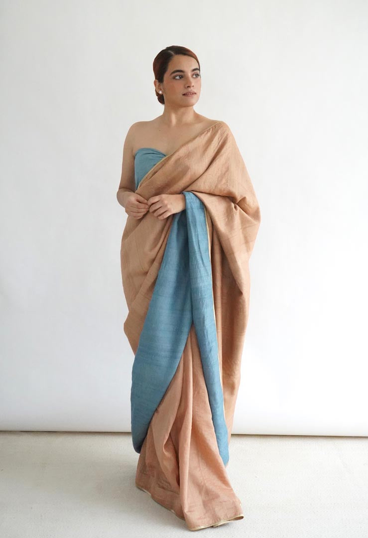 Brown Indigo Natural Dyes Handloom Tussar Signature Flip Pallu Saree