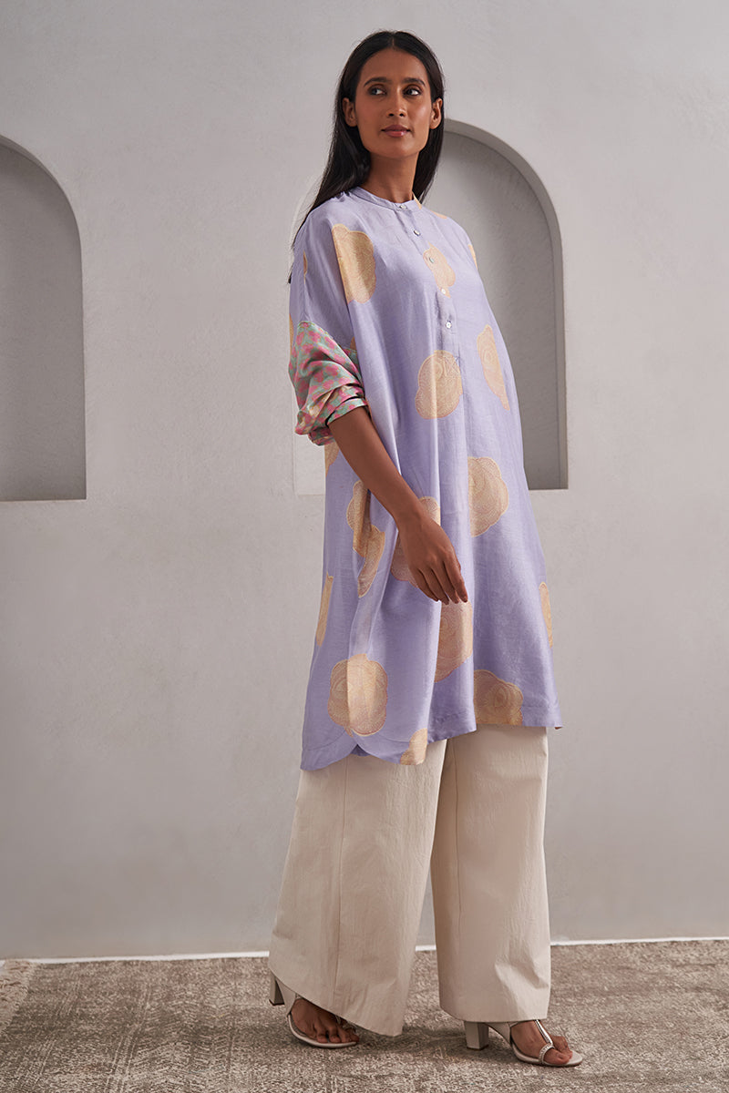 Gulaab One Size Chanderi Cotton-Silk Kurta – Hand Block Printed with Contrast Sleeve & Slip