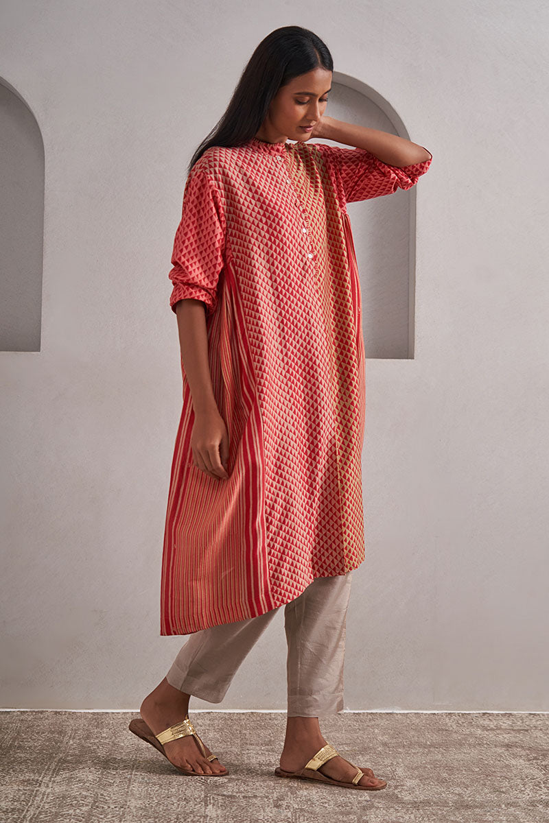 Ajmer One Size Chanderi Cotton-Silk Tunic Dress – Hand Block Printed with Contrast Panels & Slip