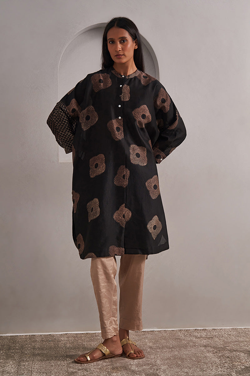 Trikona One Size Chanderi Cotton-Silk Tunic Dress – Hand Block Printed with Contrast Sleeve & Slip