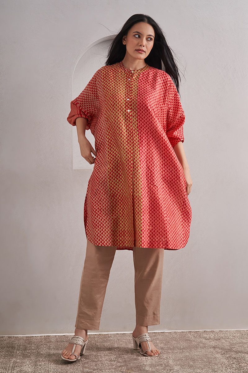 Ajmer One Size Chanderi Cotton-Silk Tunic Dress – Hand Block Printed with Contrast Sleeve & Slip