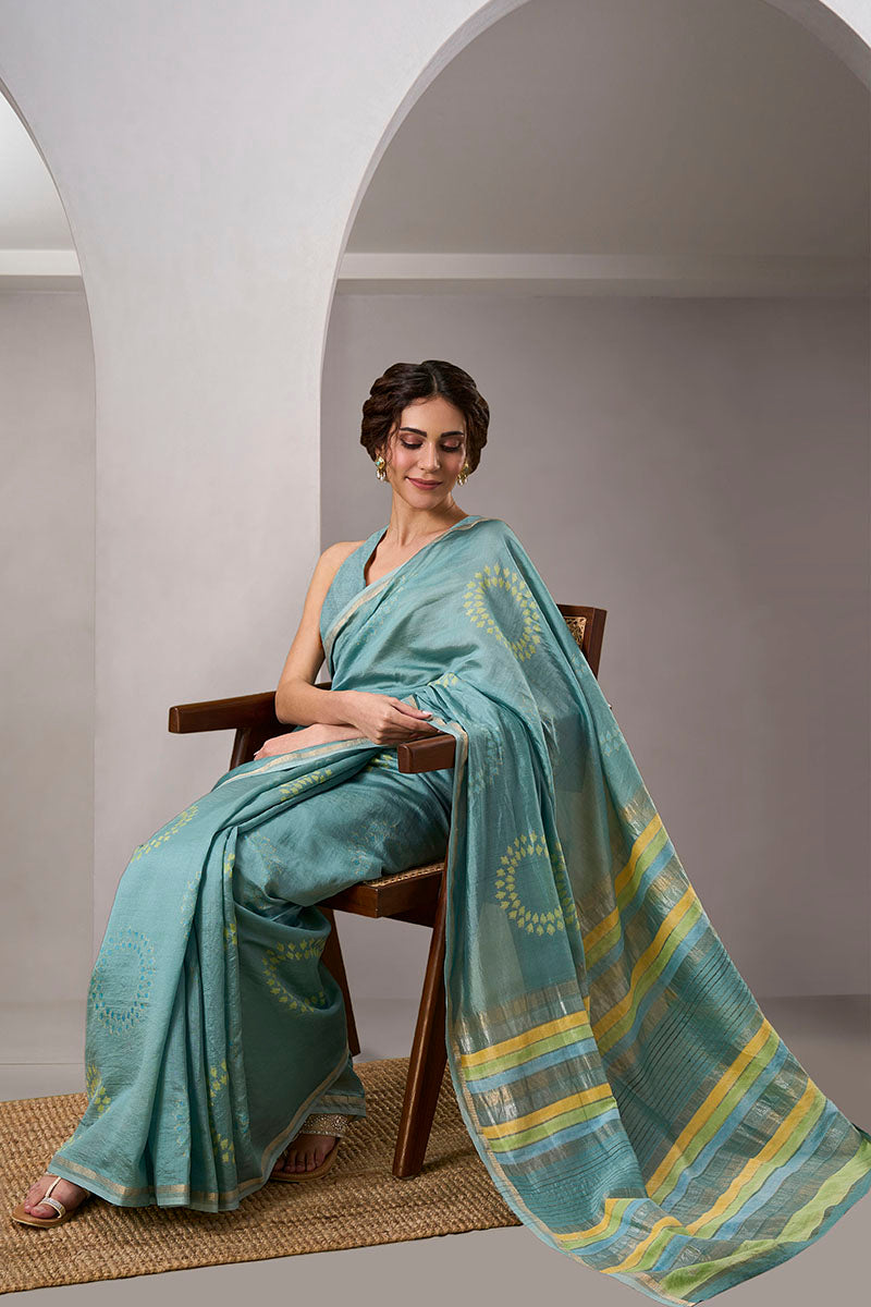 Aabha Handloom Maheshwari Silk Hand Blockprinted  Saree