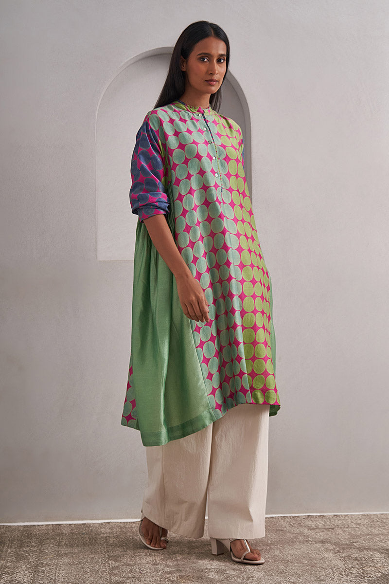 Amer One Size Chanderi Cotton-Silk Tunic Dress – Hand Block Printed with Contrast Panels & Slip