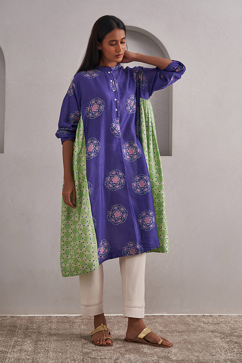 Jaipur Purple One Size Chanderi Cotton-Silk Tunic Dress – Hand Block Printed with Contrast Panels & Slip