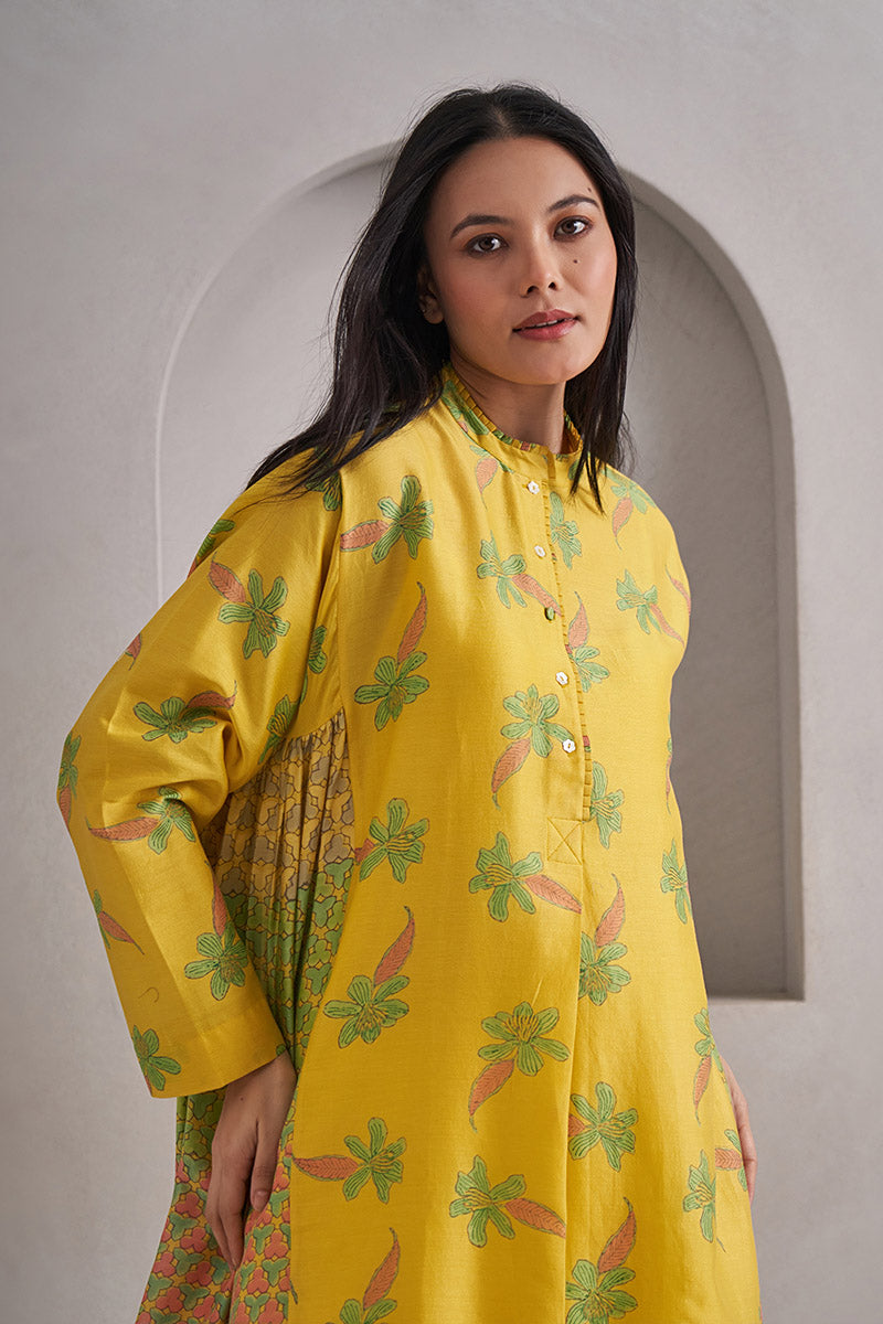 Phool One Size Chanderi Cotton-Silk Tunic Dress – Hand Block Printed with Contrast Panels & Slip