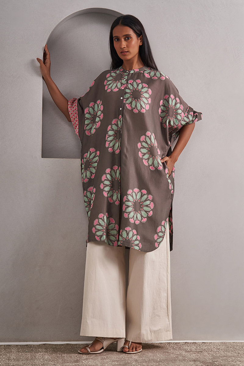 Pushkar One Size Chanderi Cotton-Silk Tunic Dress – Hand Block Printed with Contrast Sleeve & Slip