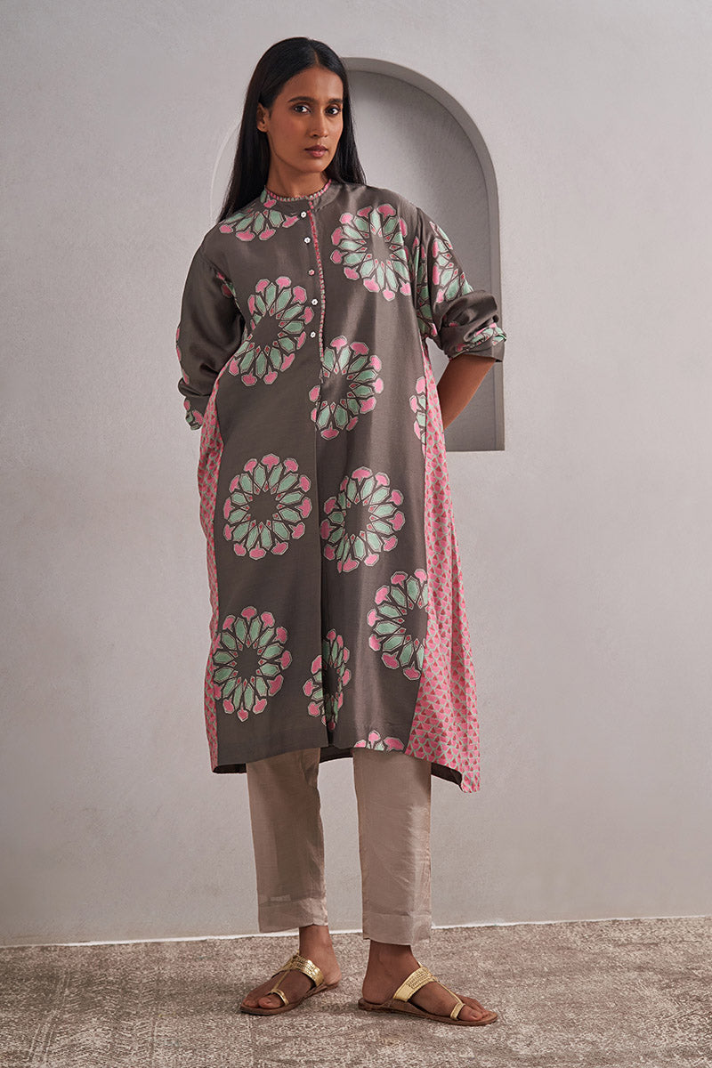 Pushkar One Size Chanderi Cotton-Silk Tunic Dress – Hand Block Printed with Contrast Panels & Slip