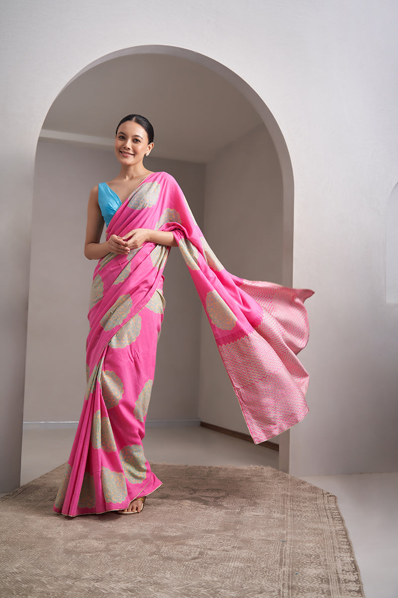 Madhubala Handloom Cotton Silk Hand Blockprinted Saree