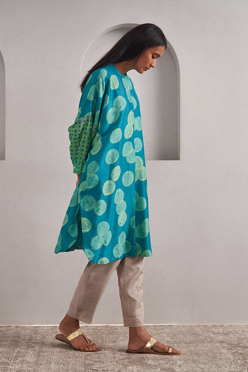 Dewar One Size Chanderi Cotton-Silk Tunic Dress – Hand Block Printed with Contrast Sleeve & Slip