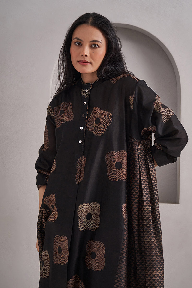 Trikona One Size Chanderi Cotton-Silk Tunic Dress – Hand Block Printed with Contrast Panels & Slip