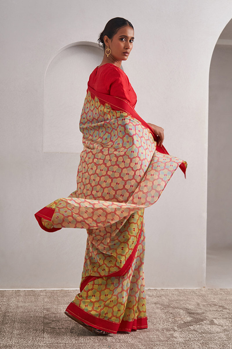 Nargis Handloom Maheshwari Cotton Silk Hand Blockprinted Saree