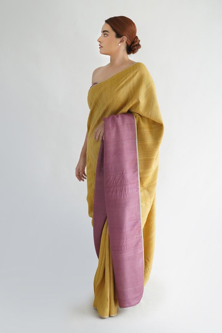 Yellow Pink Natural Dyes Handloom Tussar Signature Flip Pallu Saree