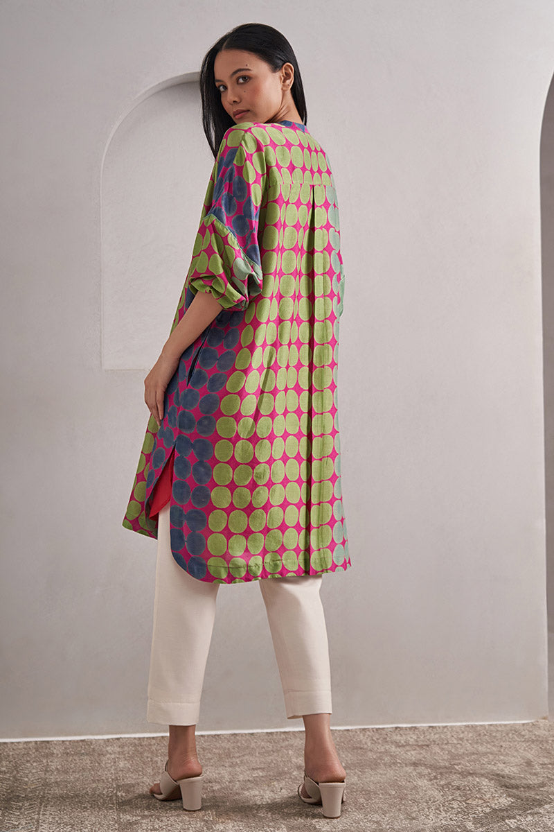 Amer One Size Chanderi Cotton-Silk Tunic Dress – Hand Block Printed with Contrast Sleeve & Slip