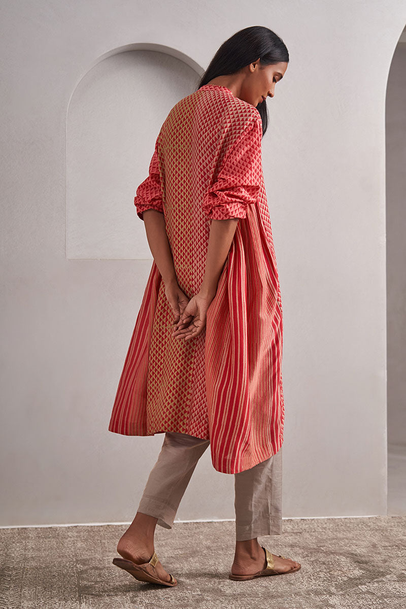Ajmer One Size Chanderi Cotton-Silk Tunic Dress – Hand Block Printed with Contrast Panels & Slip