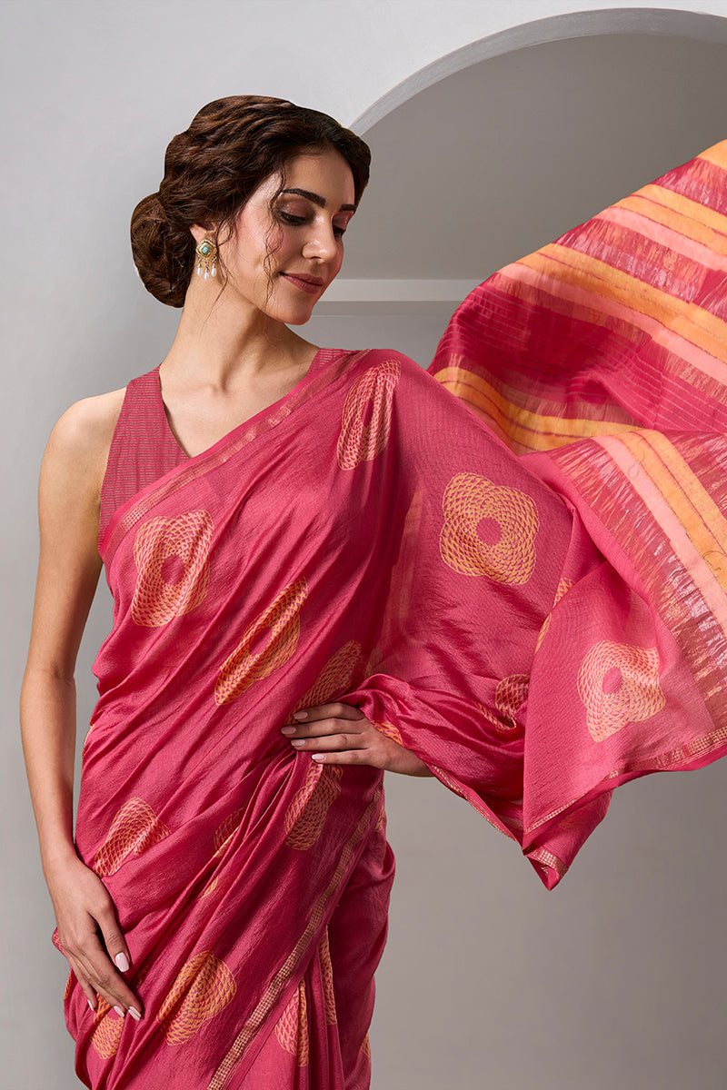 Aarohi Handloom Maheshwari Silk Hand Blockprinted  Saree