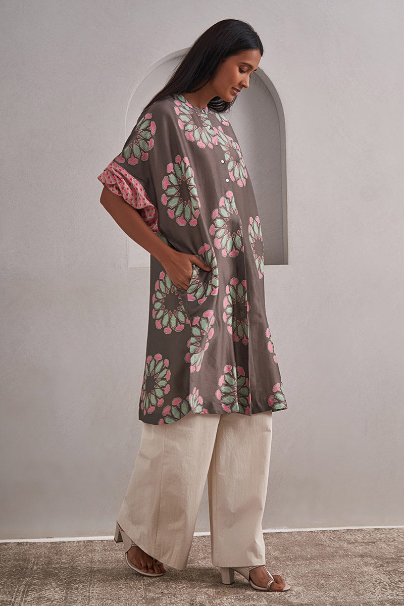 Pushkar One Size Chanderi Cotton-Silk Tunic Dress – Hand Block Printed with Contrast Sleeve & Slip