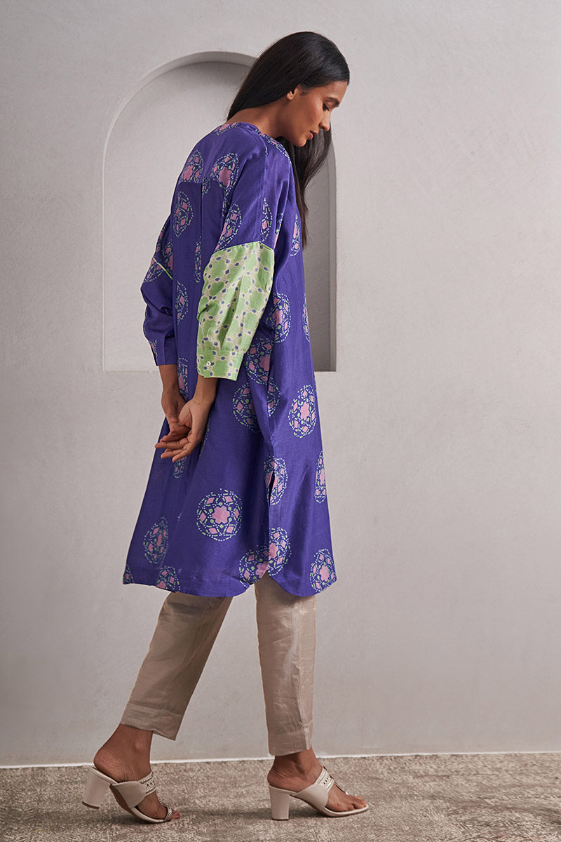 Jaipur Purple One Size Chanderi Cotton-Silk Tunic Dress – Hand Block Printed with Contrast Sleeve & Slip