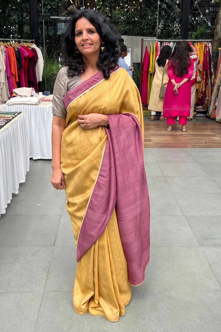 Yellow Pink Natural Dyes Handloom Tussar Signature Flip Pallu Saree