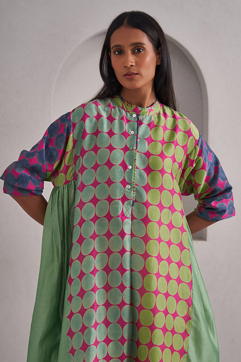 Amer One Size Chanderi Cotton-Silk Tunic Dress – Hand Block Printed with Contrast Panels & Slip