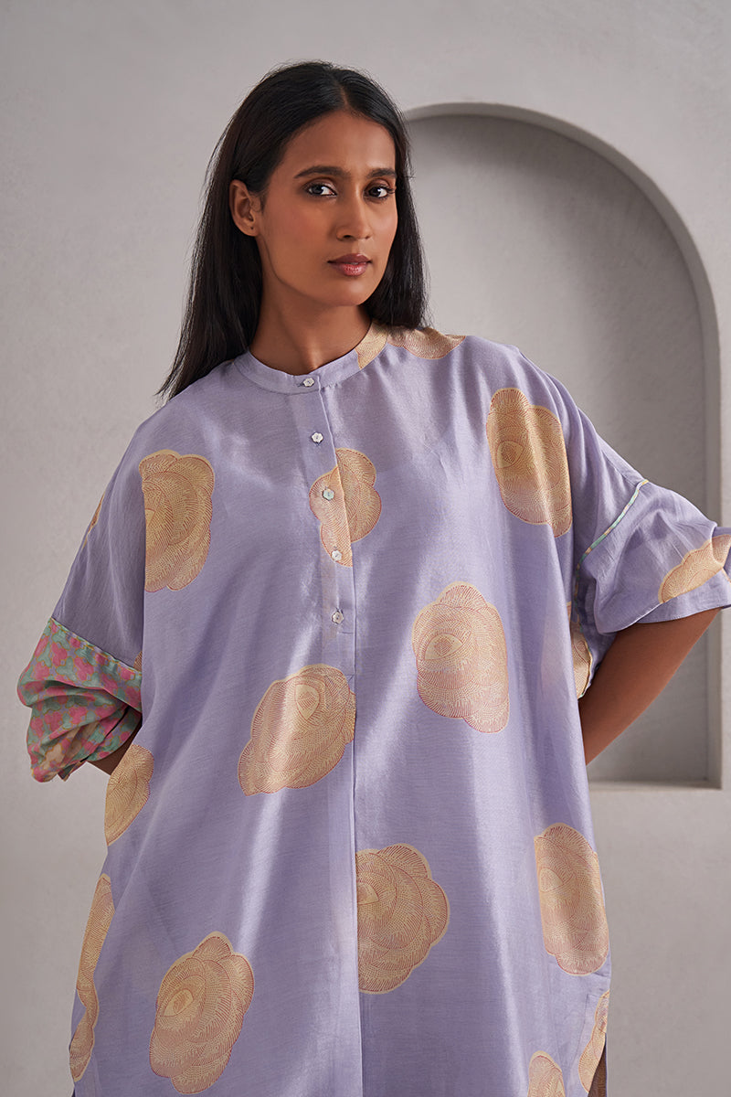 Gulaab One Size Chanderi Cotton-Silk Kurta – Hand Block Printed with Contrast Sleeve & Slip
