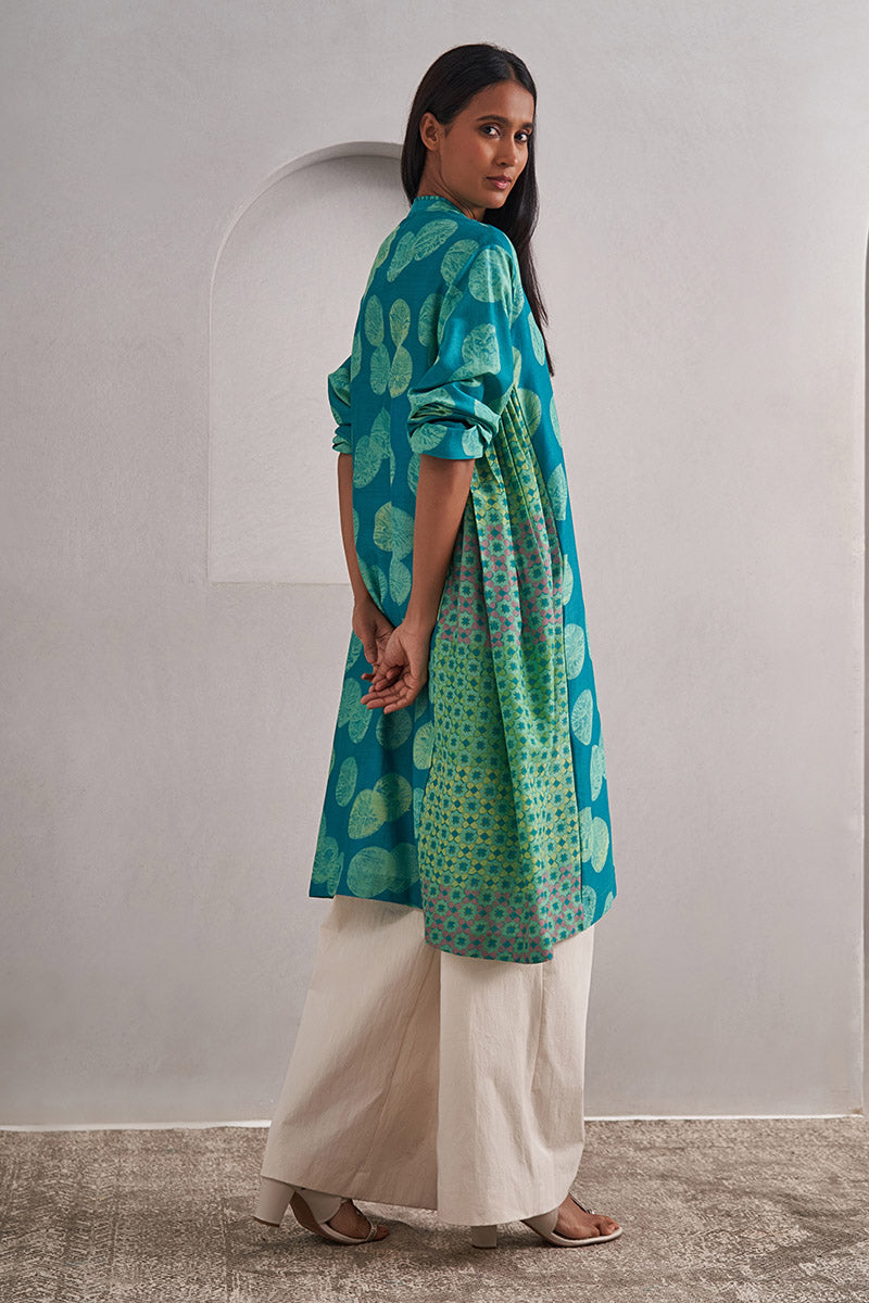 Dewar One Size Chanderi Cotton-Silk Tunic Dress – Hand Block Printed with Contrast Panels & Slip