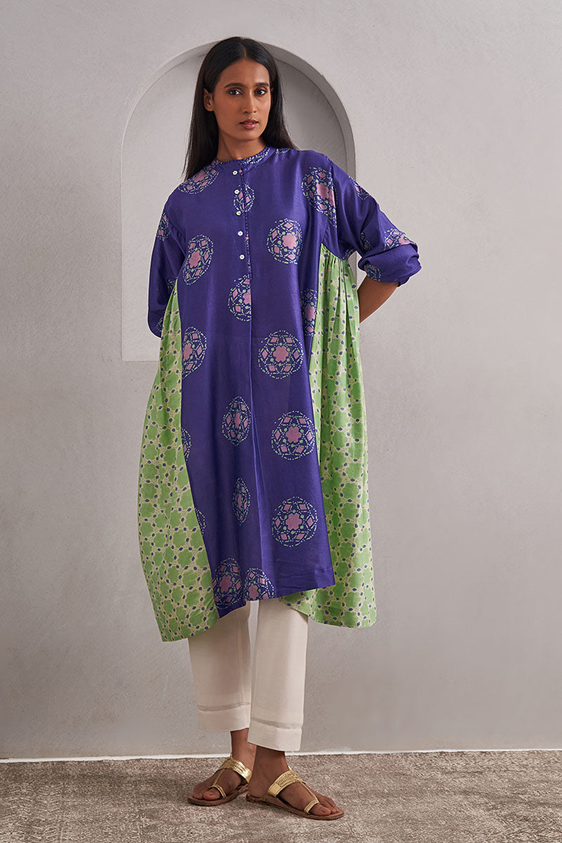 Jaipur Purple One Size Chanderi Cotton-Silk Tunic Dress – Hand Block Printed with Contrast Panels & Slip