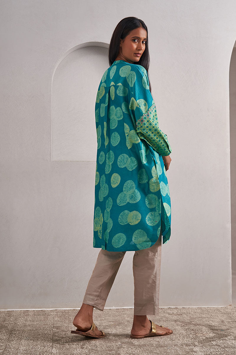 Dewar One Size Chanderi Cotton-Silk Tunic Dress – Hand Block Printed with Contrast Sleeve & Slip