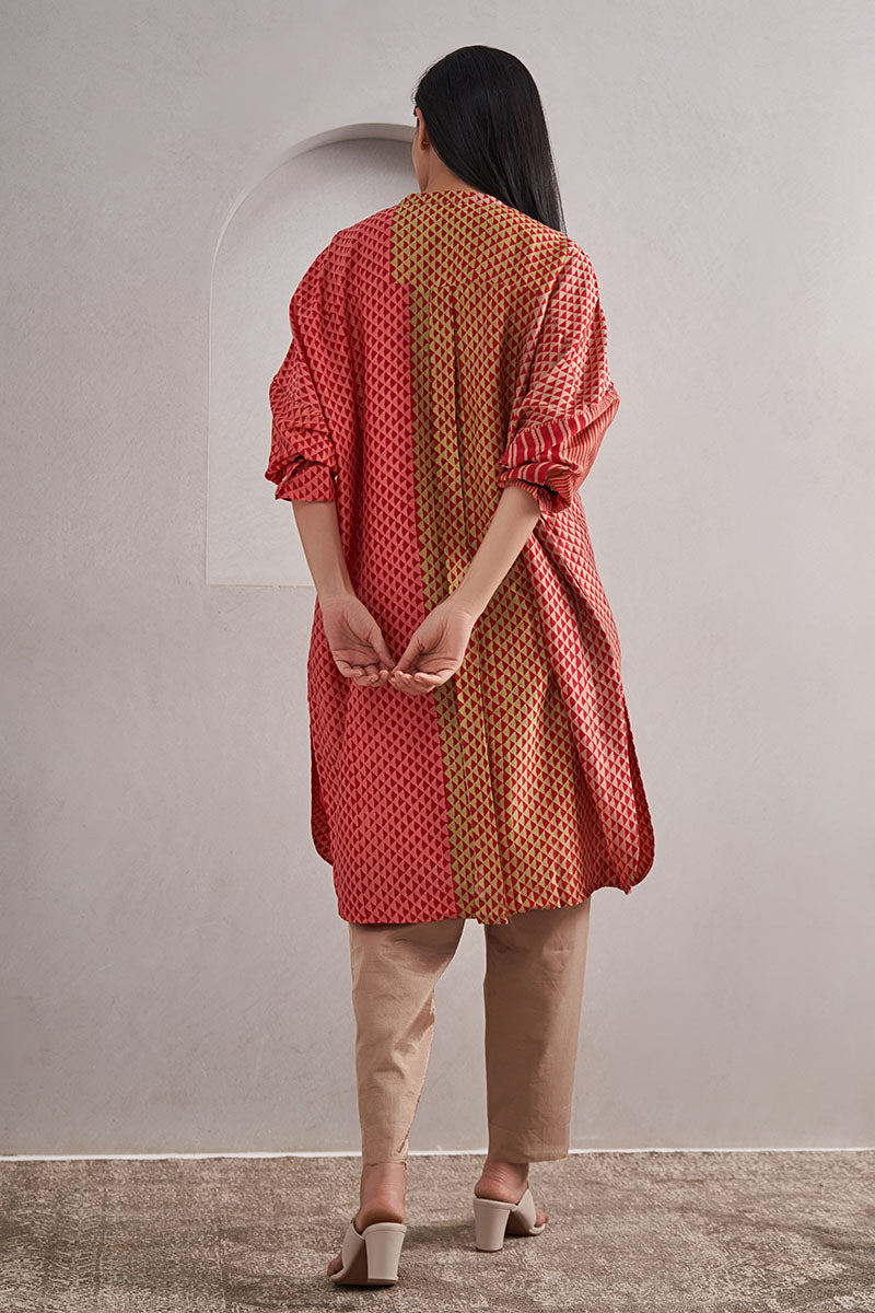 Ajmer One Size Chanderi Cotton-Silk Tunic Dress – Hand Block Printed with Contrast Sleeve & Slip
