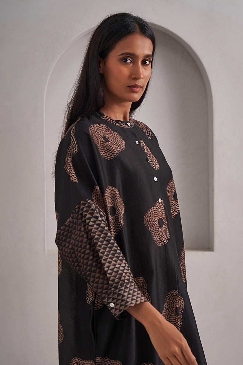 Trikona One Size Chanderi Cotton-Silk Tunic Dress – Hand Block Printed with Contrast Sleeve & Slip