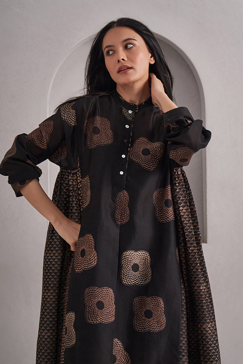 Trikona One Size Chanderi Cotton-Silk Tunic Dress – Hand Block Printed with Contrast Panels & Slip